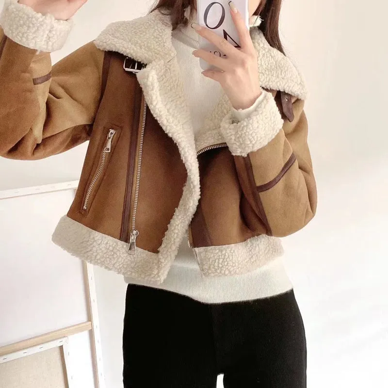 Brown Cropped Varsity Jacket Locomotive Style Jacket Coat