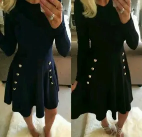 Button Decorate High Waist Long Sleeve Scoop Dress