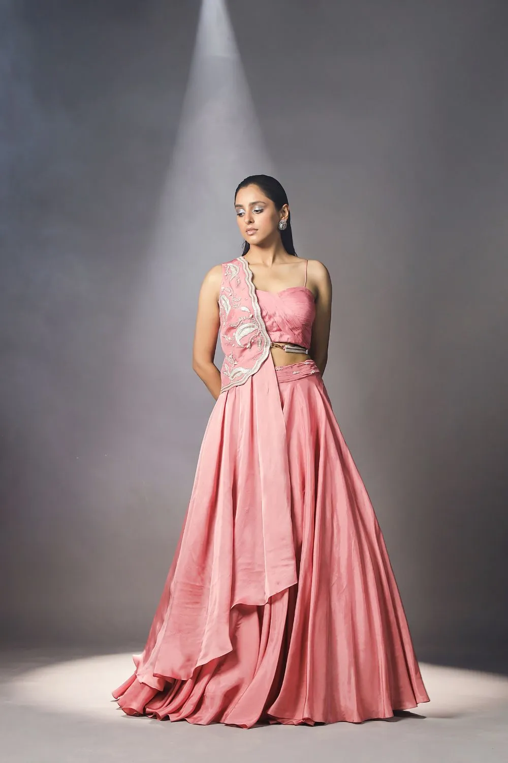 Cashmere rose pink skirt set with  jacket dupatta