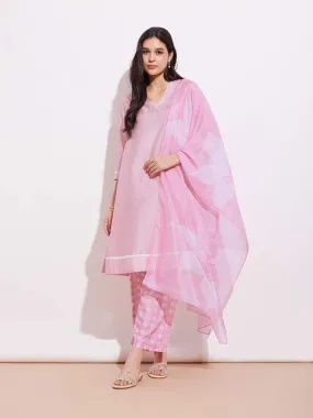 Chanderi Solid Kurta Set - Pink & White