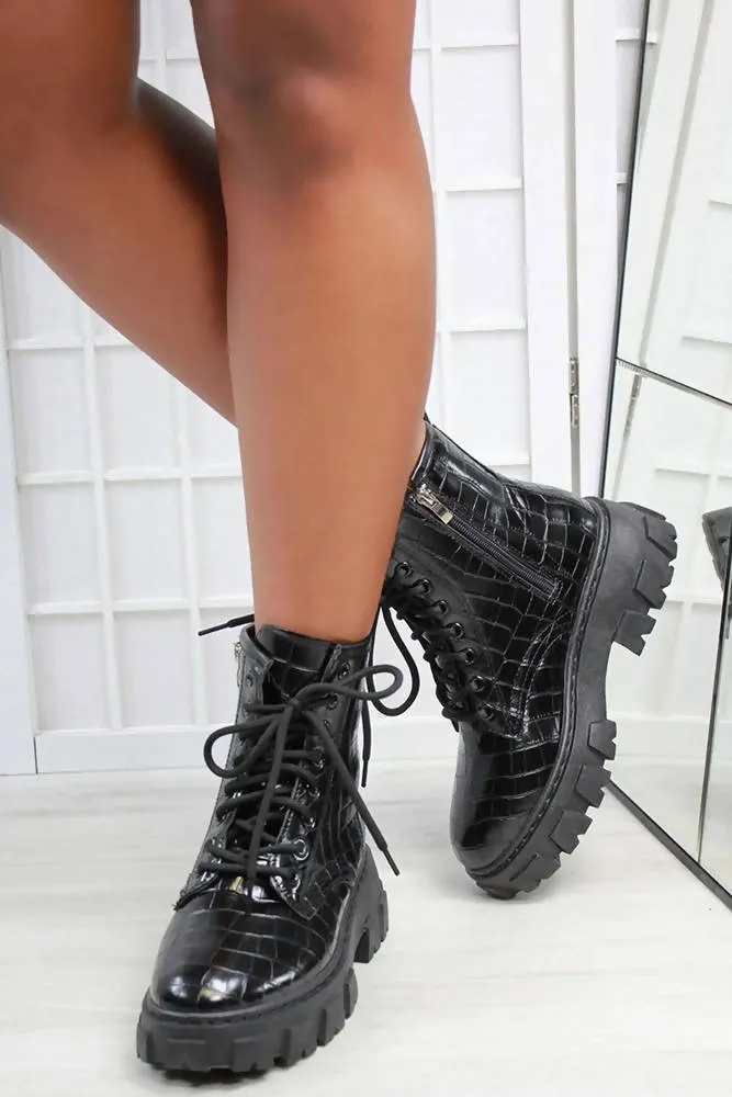 Chunky Faux Croc Laced Boots