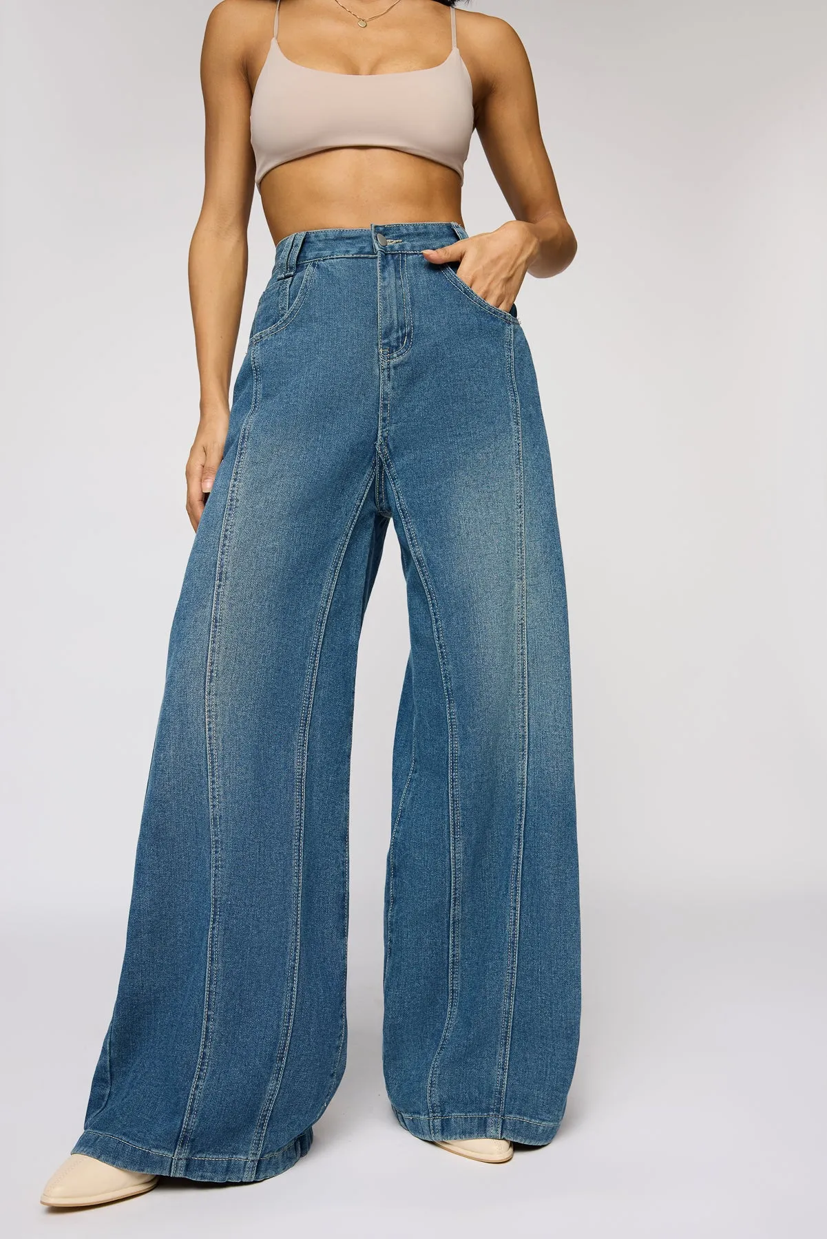 Classic Navy Denim Flared Korean Pants