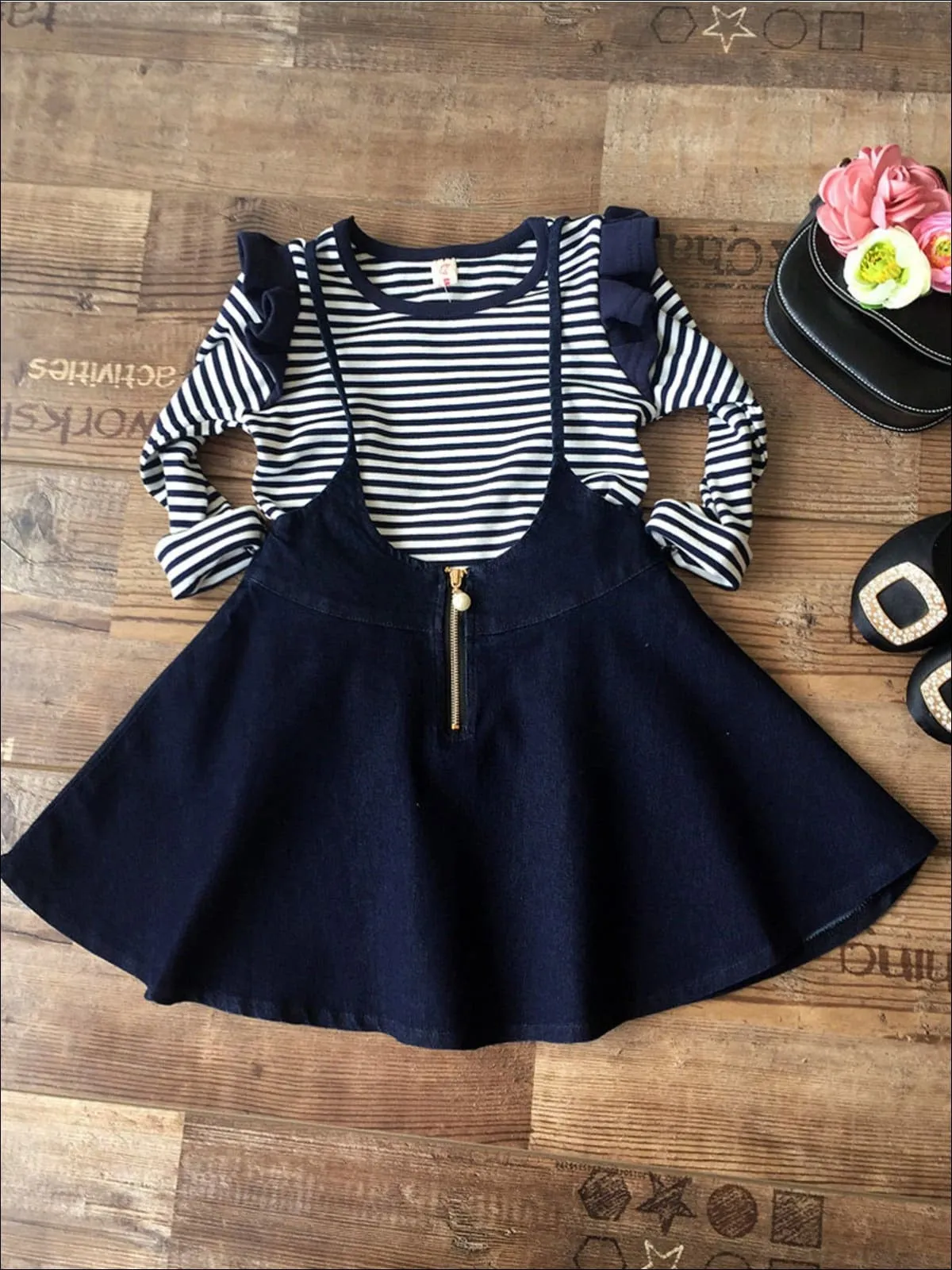 Classroom Cuteness Top And Chambray Overall Skirt Set