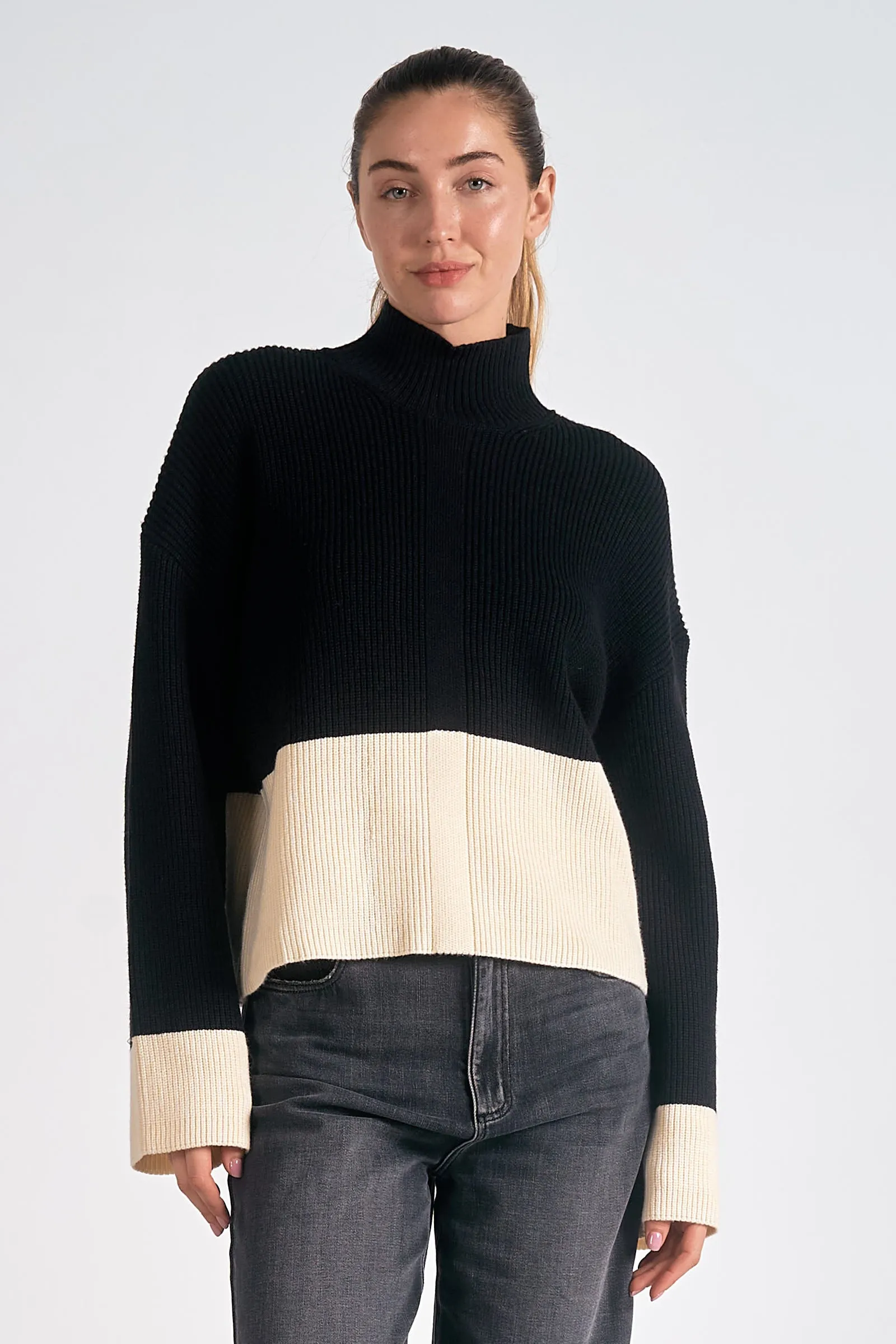 Colorblock Mock Turtleneck, Black/White