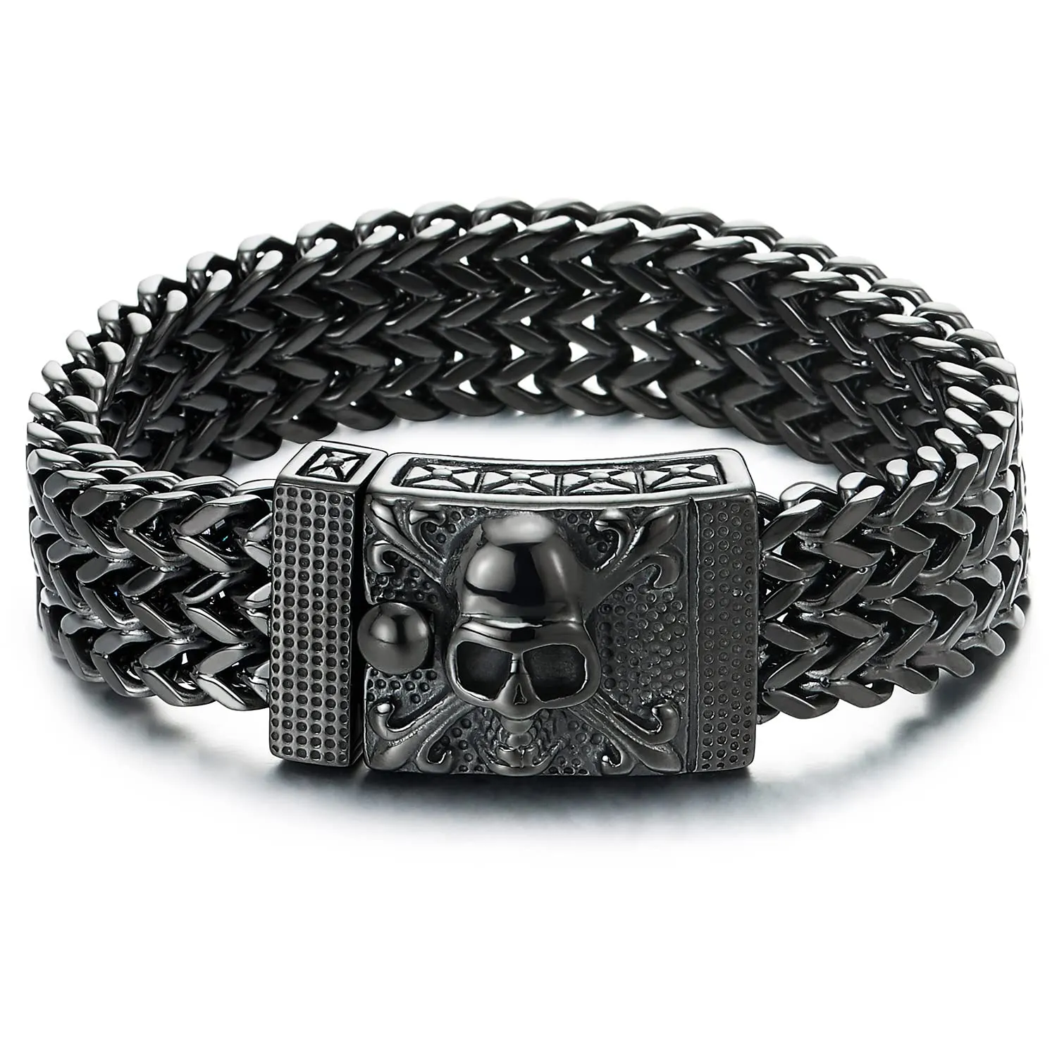 COOLSTEELANDBEYOND Mens Black Stainless Steel Curb Chain Bracelet with Pirate Skulls Clasp, Large Bracelet Franco Link