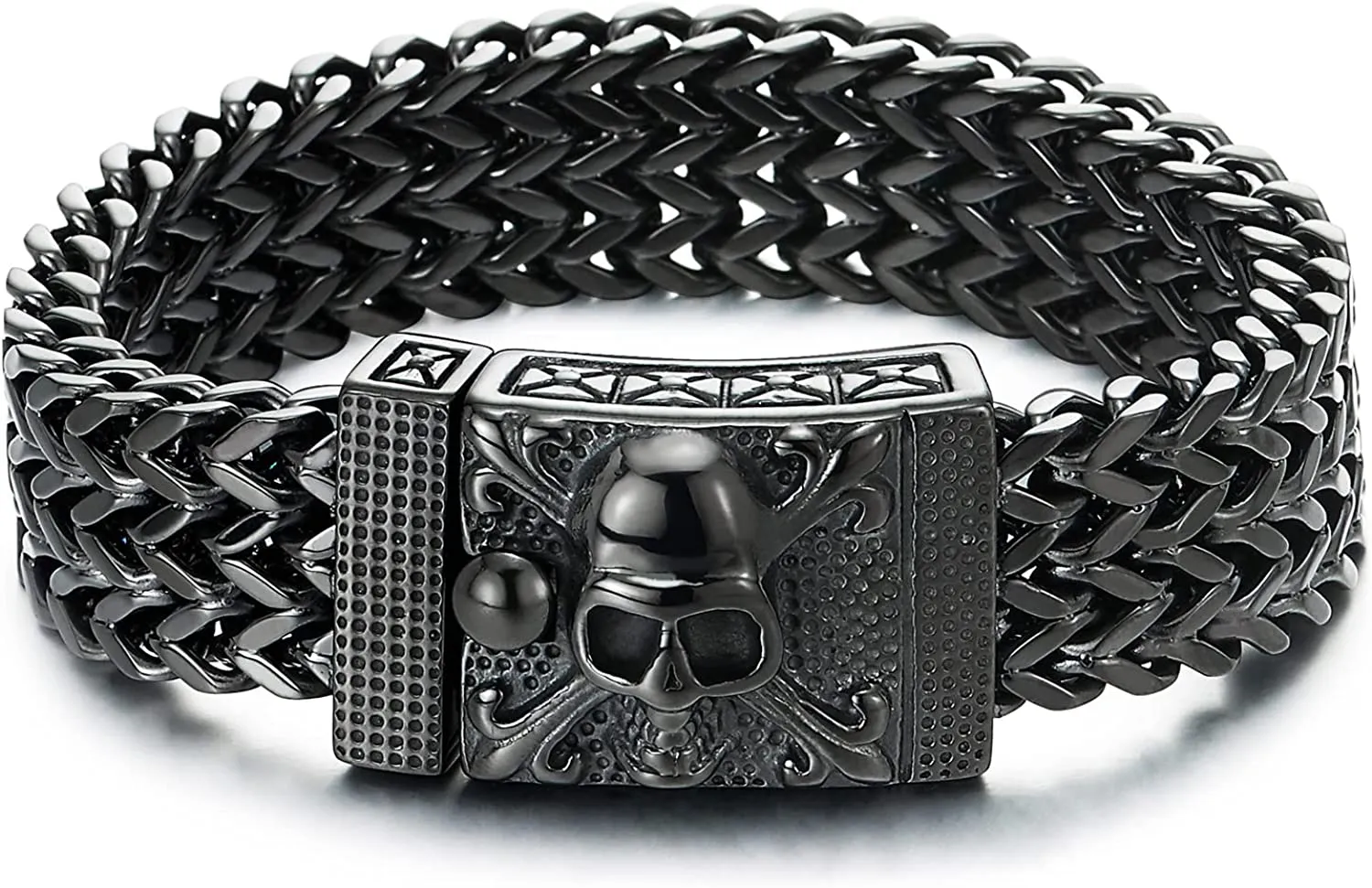 COOLSTEELANDBEYOND Mens Black Stainless Steel Curb Chain Bracelet with Pirate Skulls Clasp, Large Bracelet Franco Link