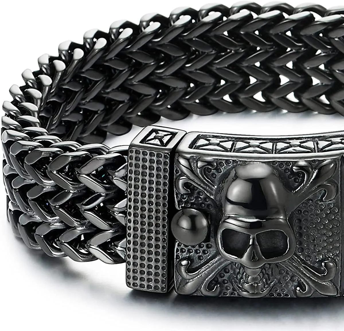 COOLSTEELANDBEYOND Mens Black Stainless Steel Curb Chain Bracelet with Pirate Skulls Clasp, Large Bracelet Franco Link