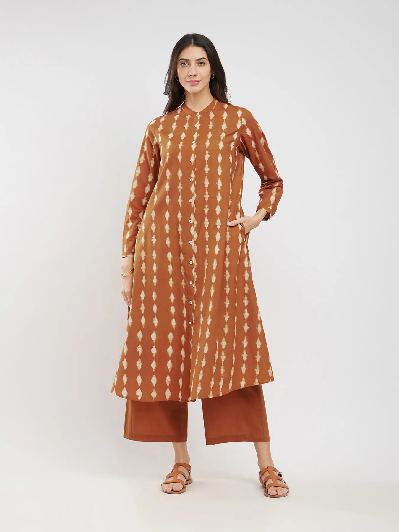 Cotton Dabu Striped Kurta Set - Mustard