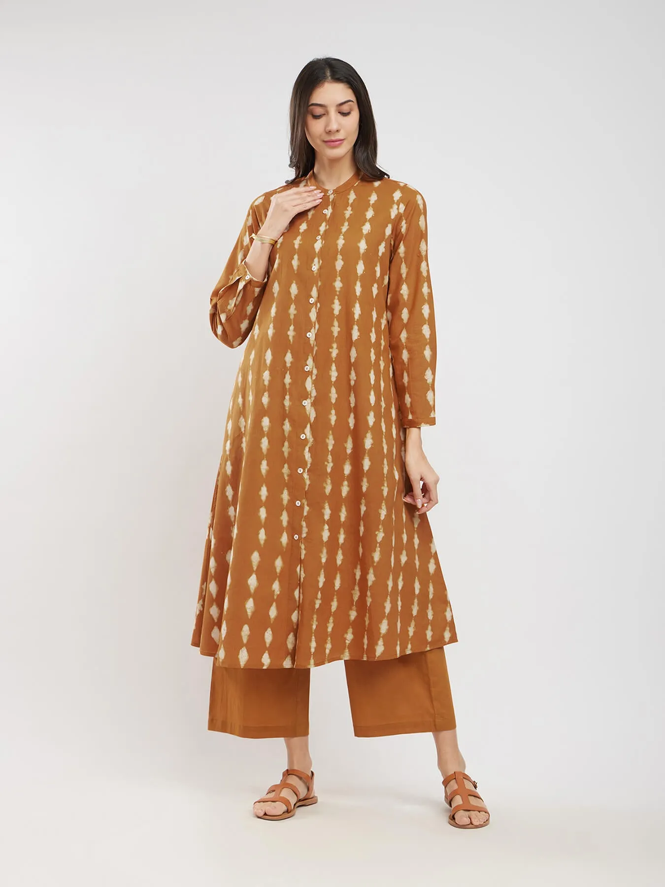 Cotton Dabu Striped Kurta Set - Mustard