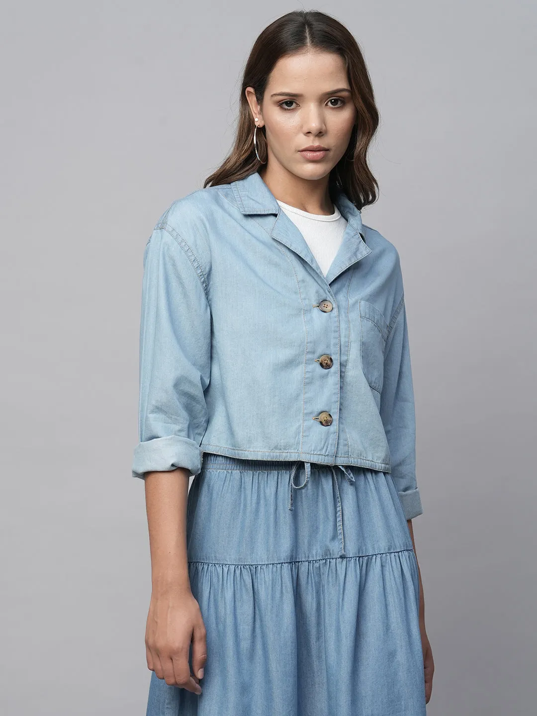 Cotton Tencel Denim Dropped Shoulder Boxy Cropped Jacket