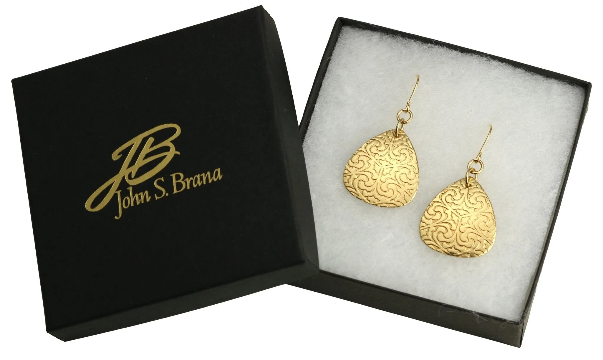 Damask Embossed Brass Nu Gold Triangular Drop Earrings