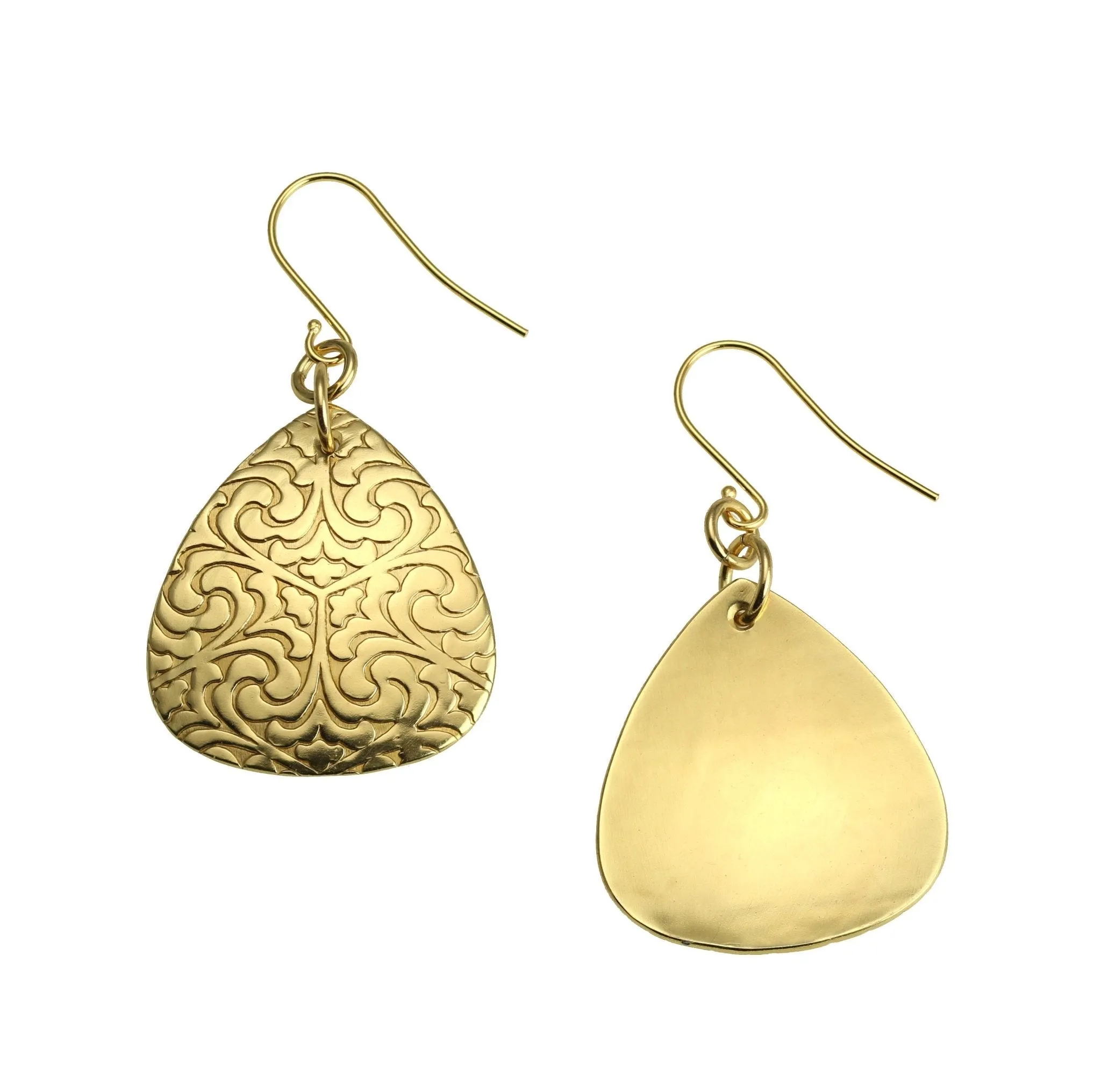 Damask Embossed Brass Nu Gold Triangular Drop Earrings