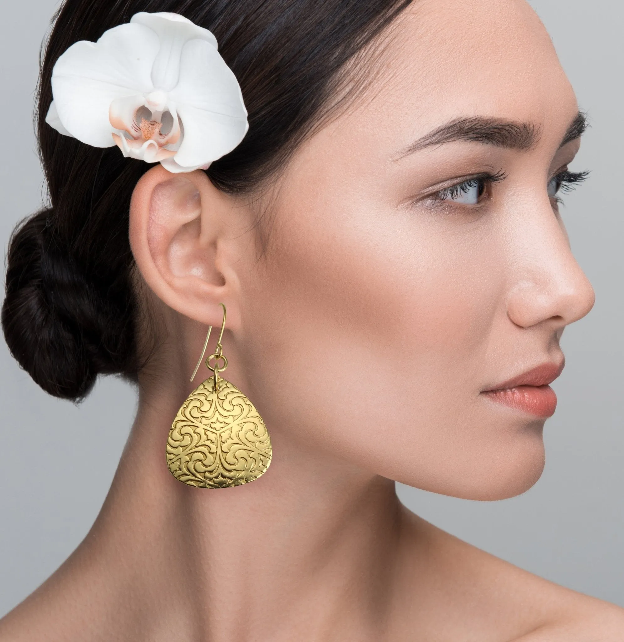 Damask Embossed Brass Nu Gold Triangular Drop Earrings