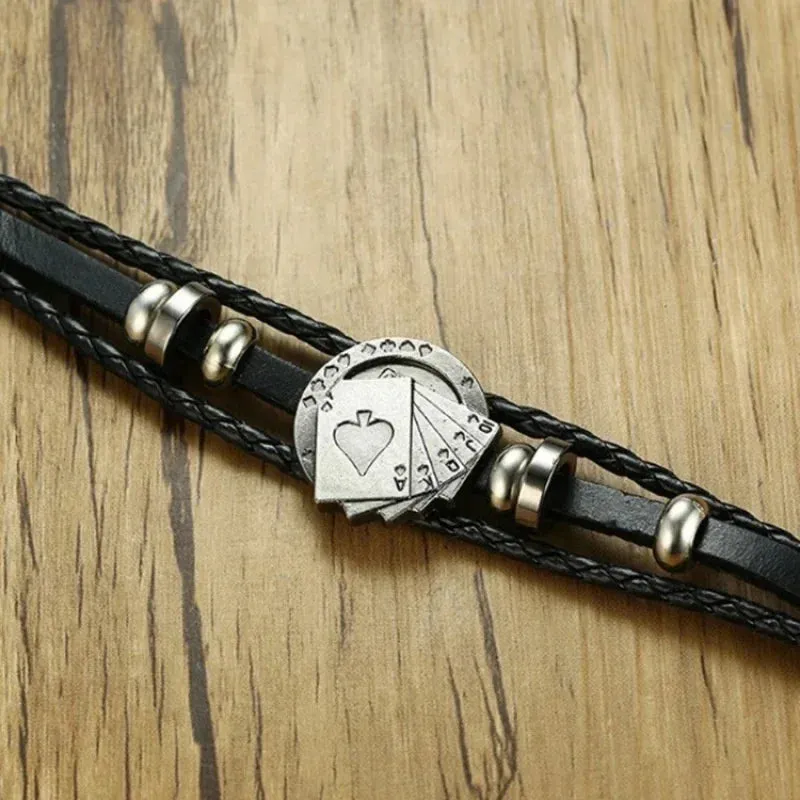 Delysia King Trendy Poker Woven Leather Bracelet Men Simple Vintage Style Personality Hand Chain