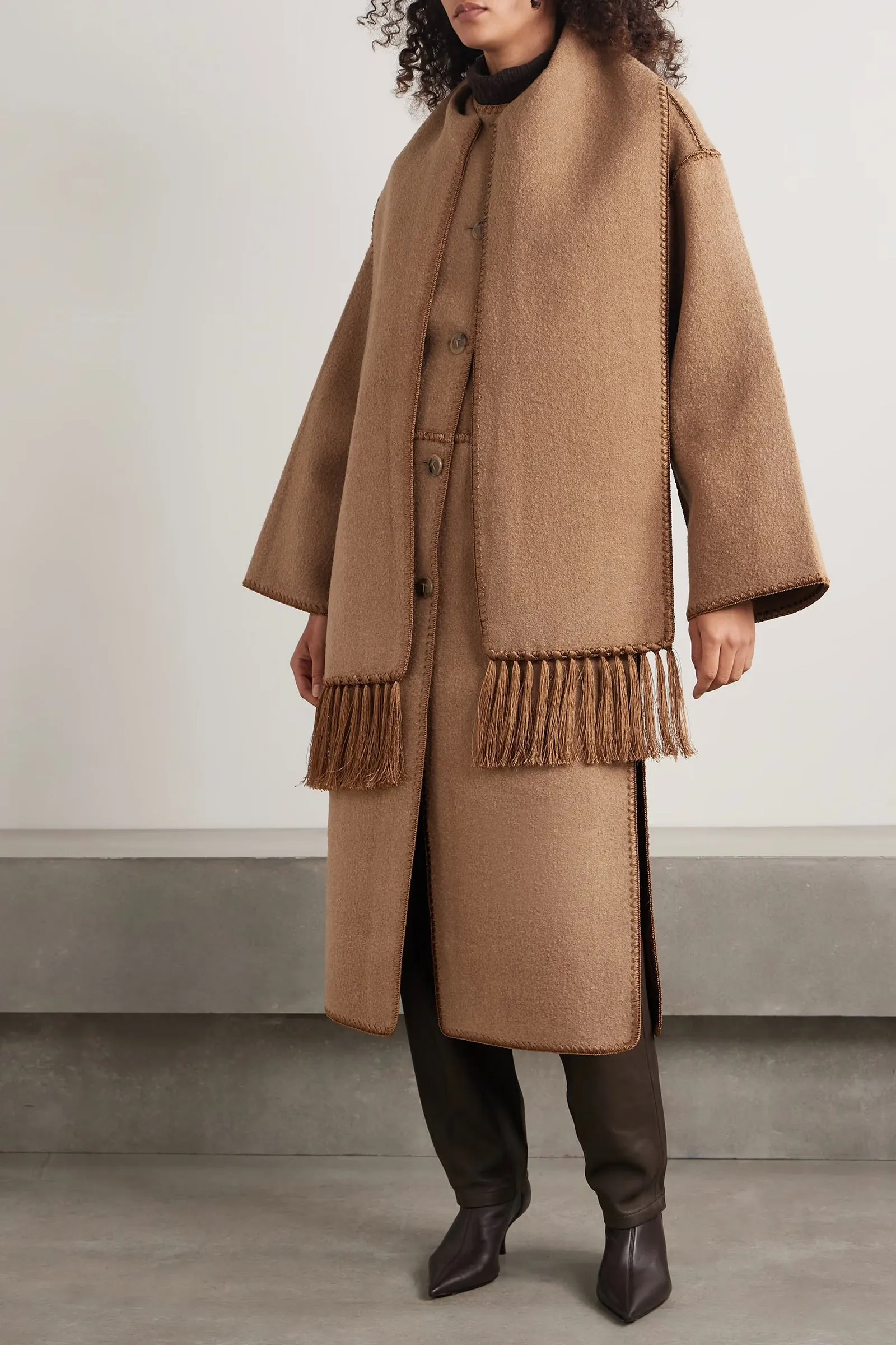 Draped Fringed Wool-Blend Bouclé Coat