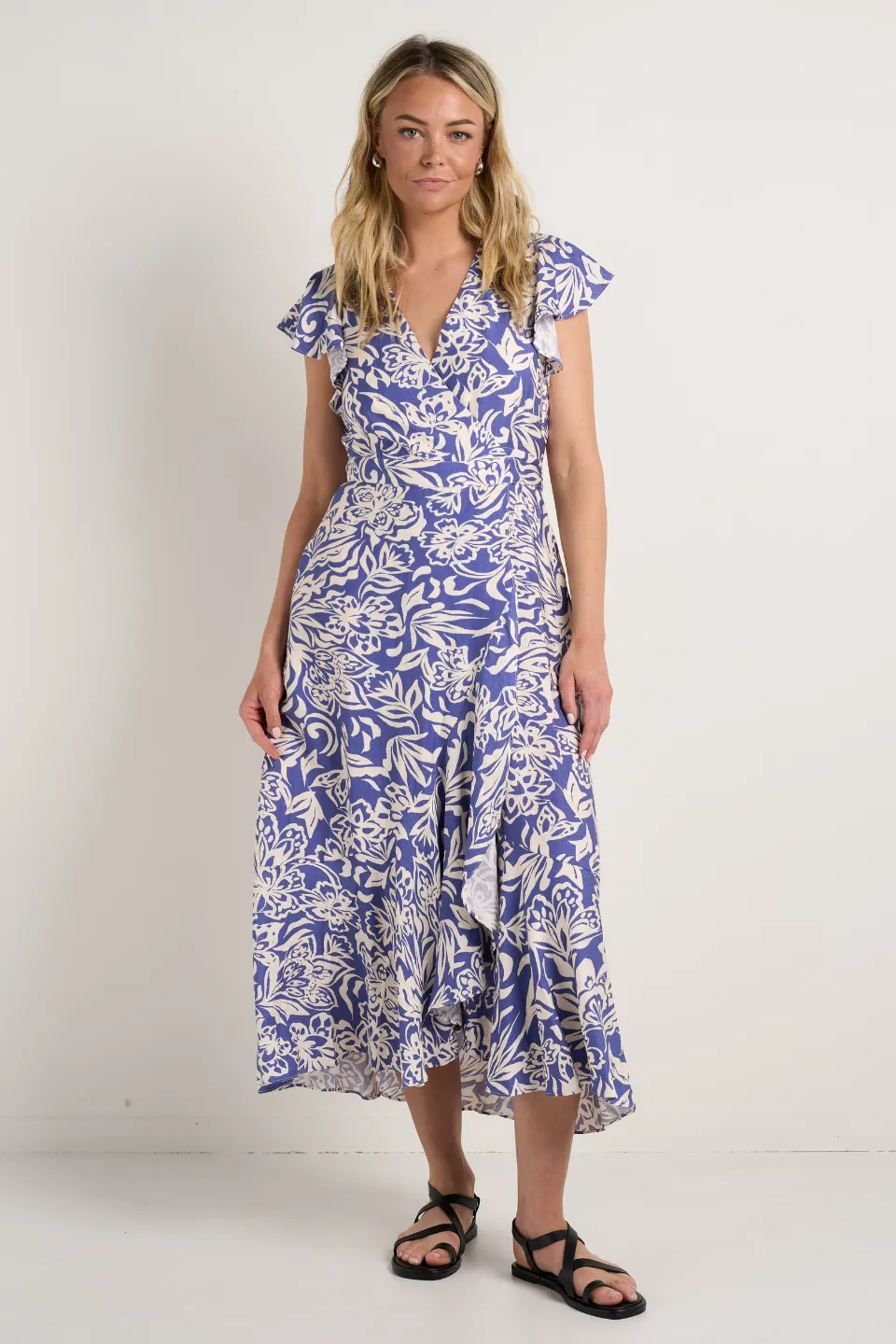 Emphasis Blue Shadow Floral Flutter Sleeve Wrap Midi Dress