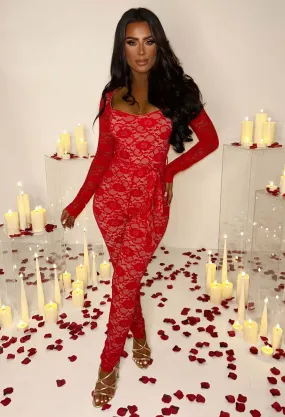 Enchanting Elegance Red Fitted Belted Lined Lace Jumpsuit