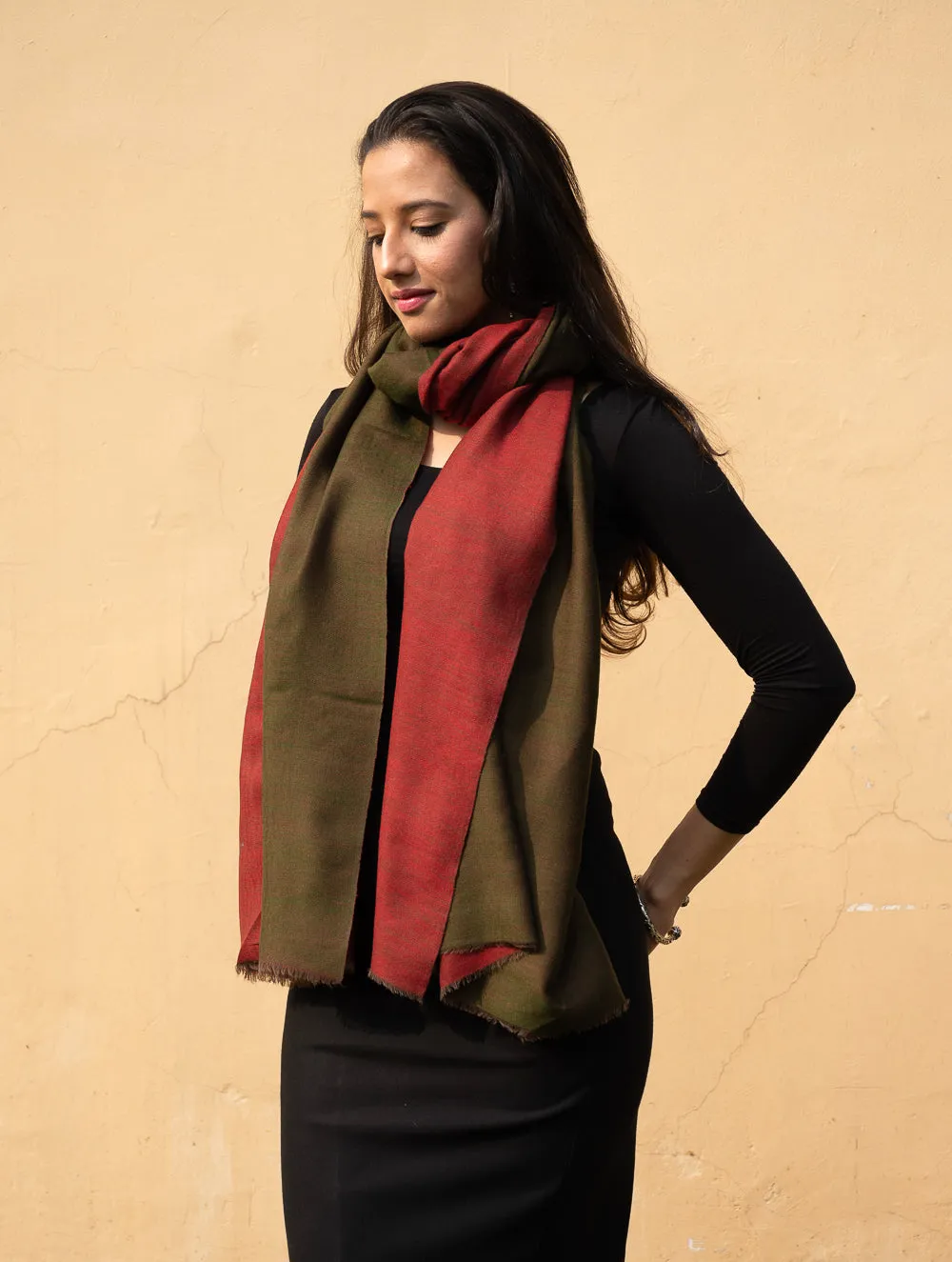 Exclusive Reversible Soft Kashmiri Wool Stole - Deep Red & Olive