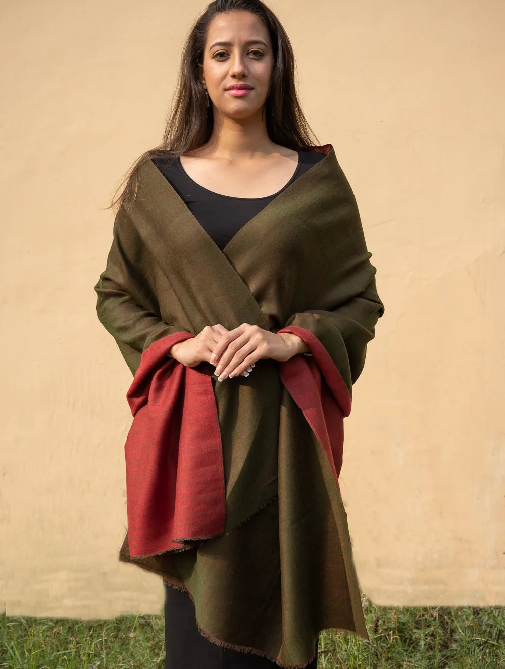 Exclusive Reversible Soft Kashmiri Wool Stole - Deep Red & Olive