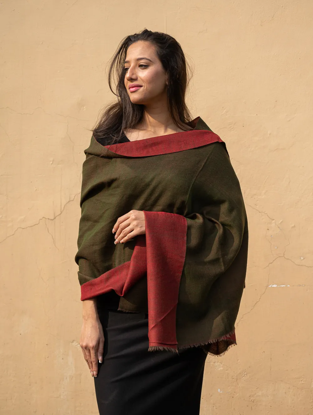 Exclusive Reversible Soft Kashmiri Wool Stole - Deep Red & Olive