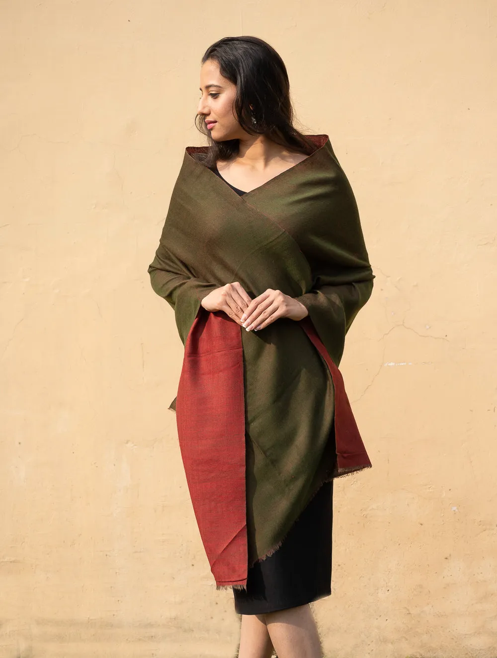 Exclusive Reversible Soft Kashmiri Wool Stole - Deep Red & Olive