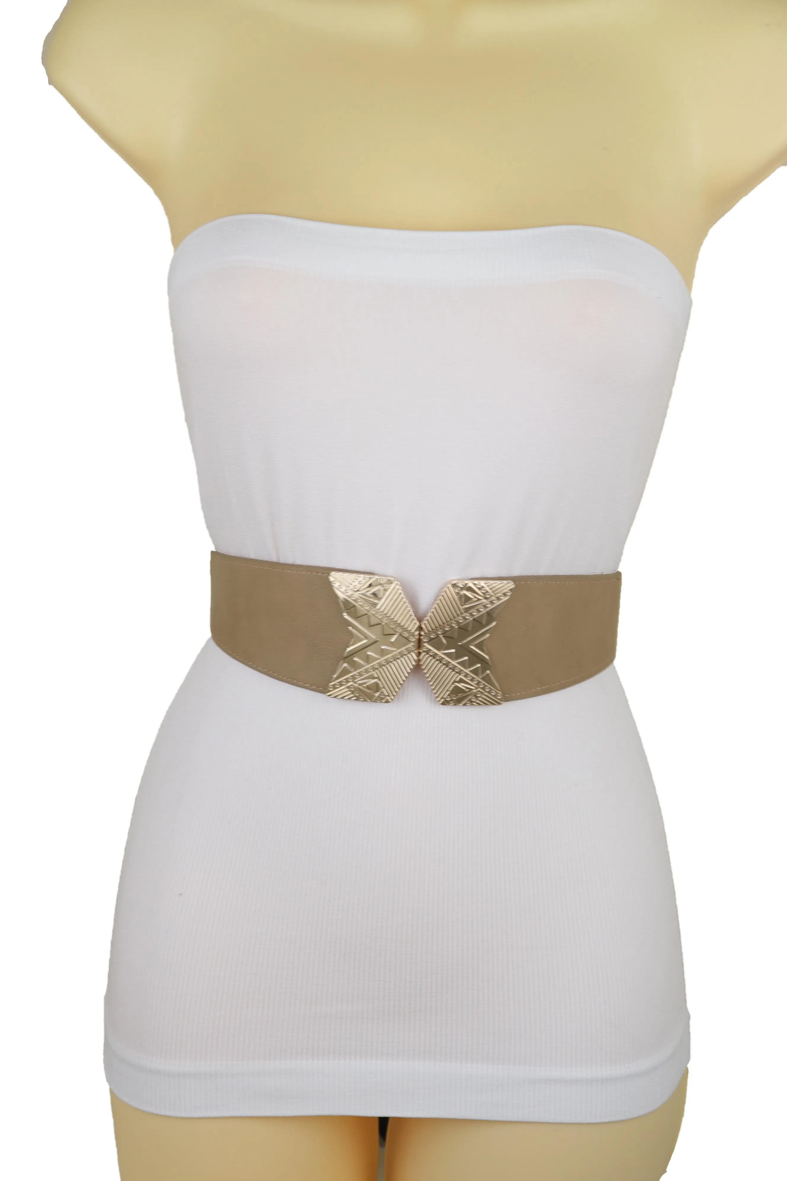 Fashion Beige Faux Leather Elastic Belt Hip Waist Gold Metal Buckle S M