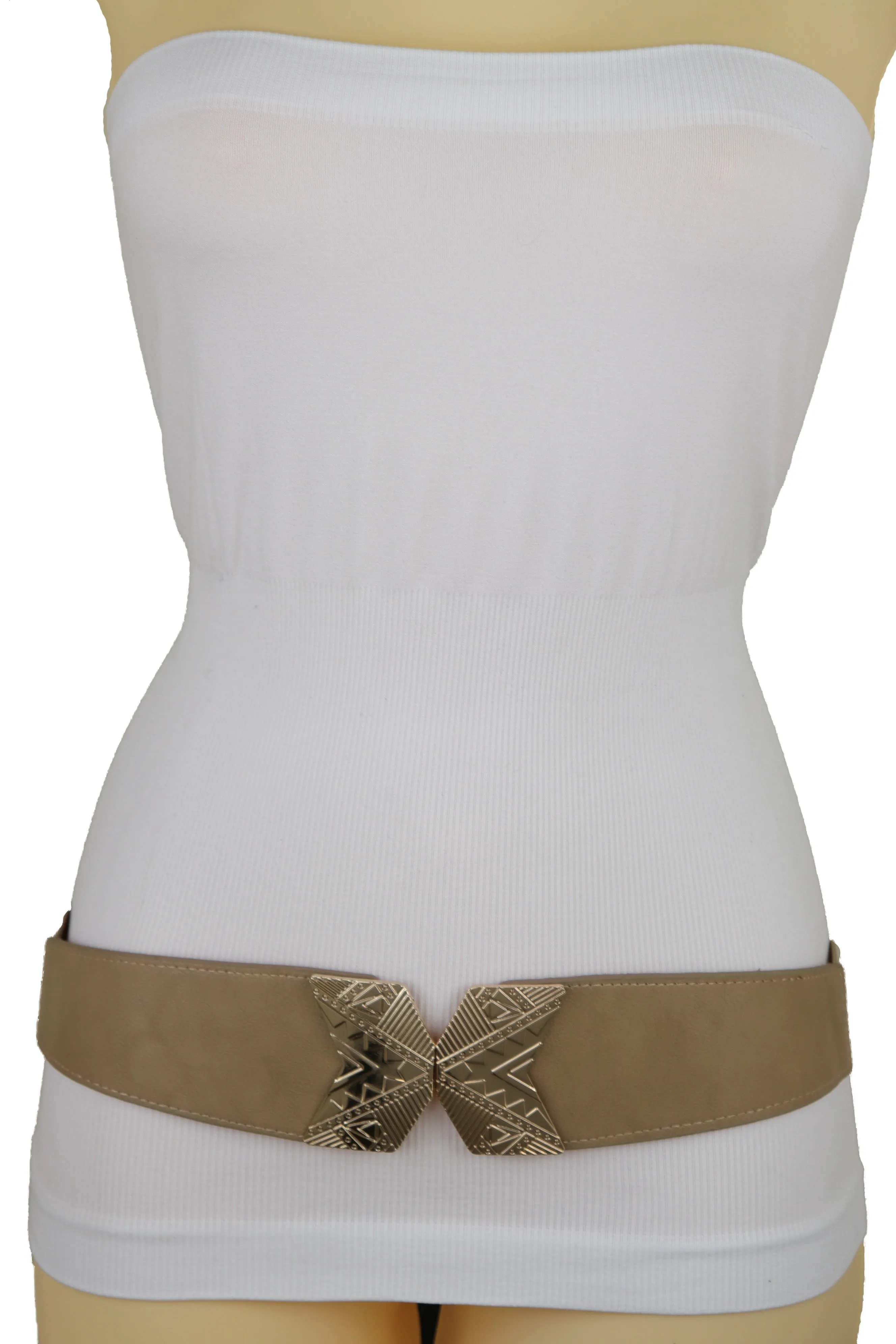 Fashion Beige Faux Leather Elastic Belt Hip Waist Gold Metal Buckle S M