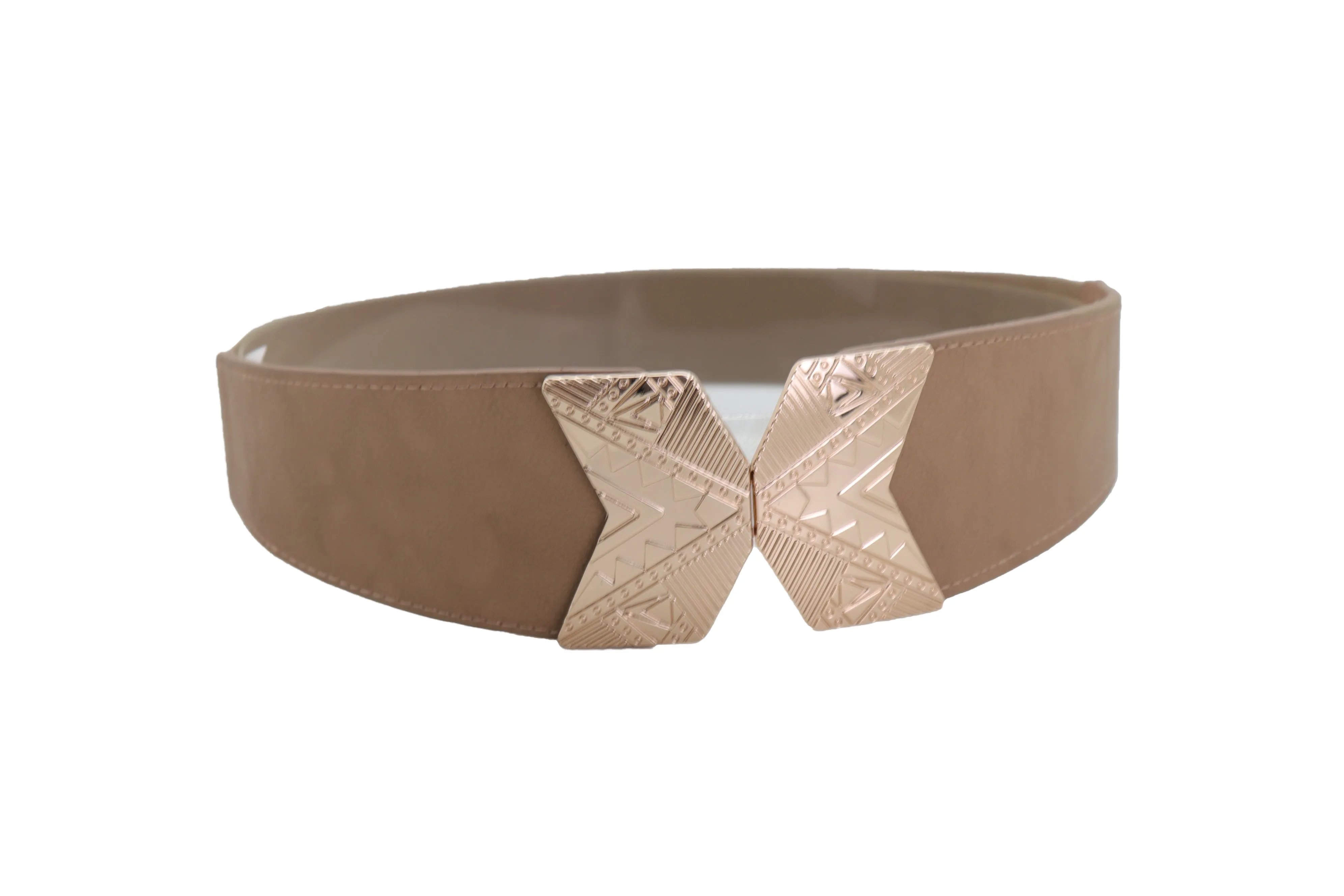 Fashion Beige Faux Leather Elastic Belt Hip Waist Gold Metal Buckle S M