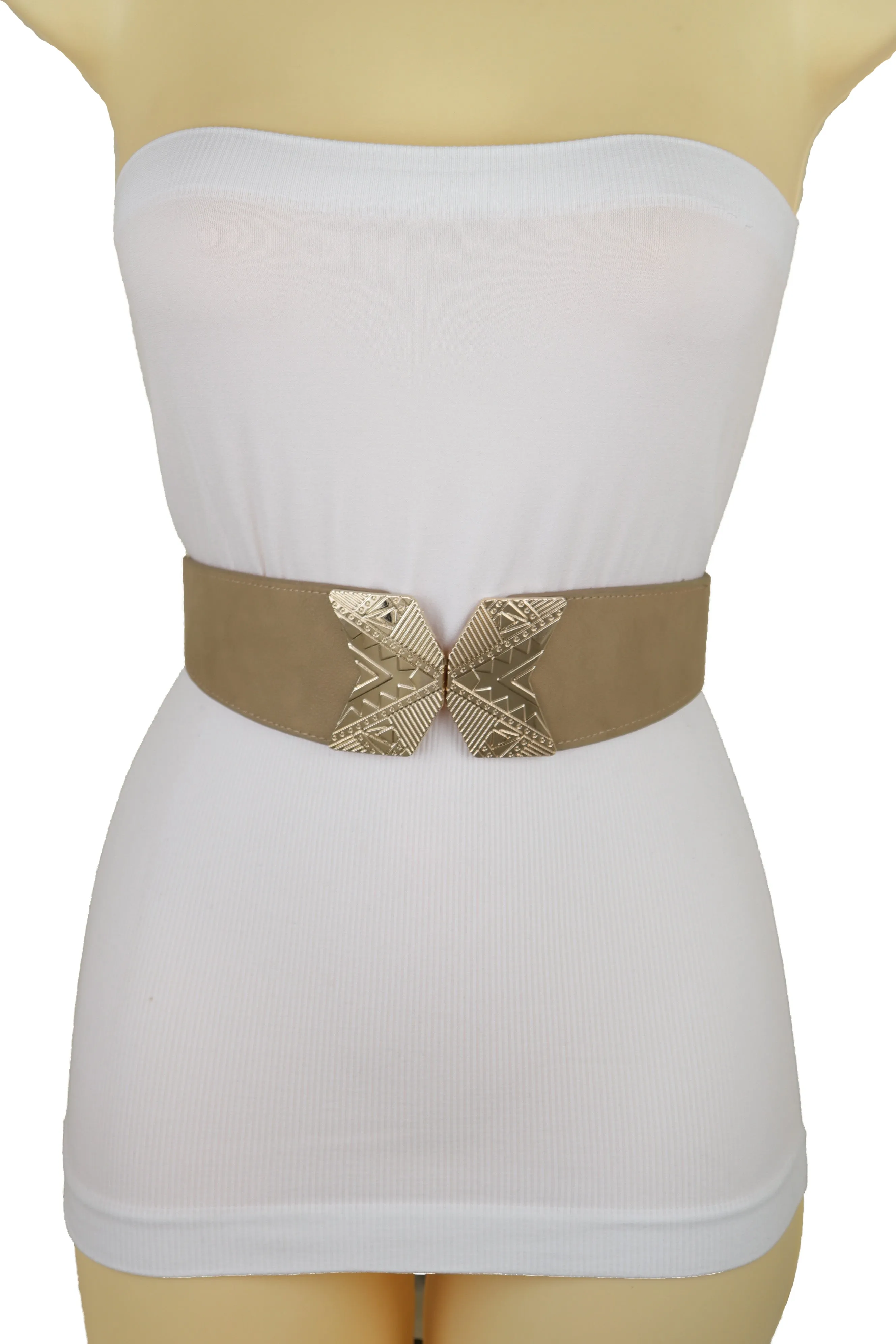 Fashion Beige Faux Leather Elastic Belt Hip Waist Gold Metal Buckle S M