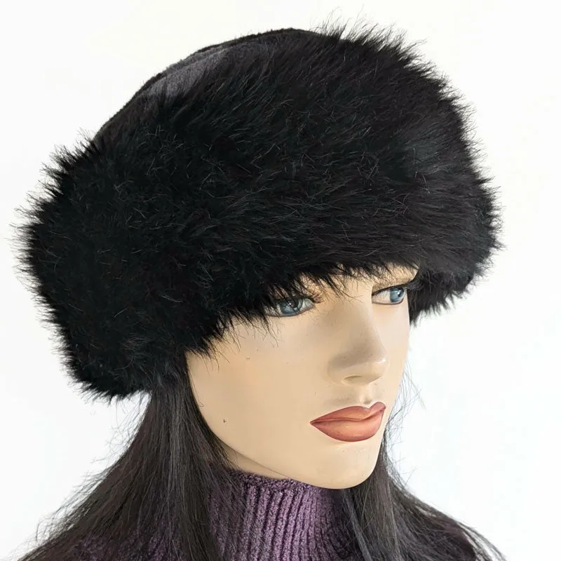 Faux Fur and Fleece Fashion Pillbox Beanie Toque Hat, black and charcoal, with earflaps