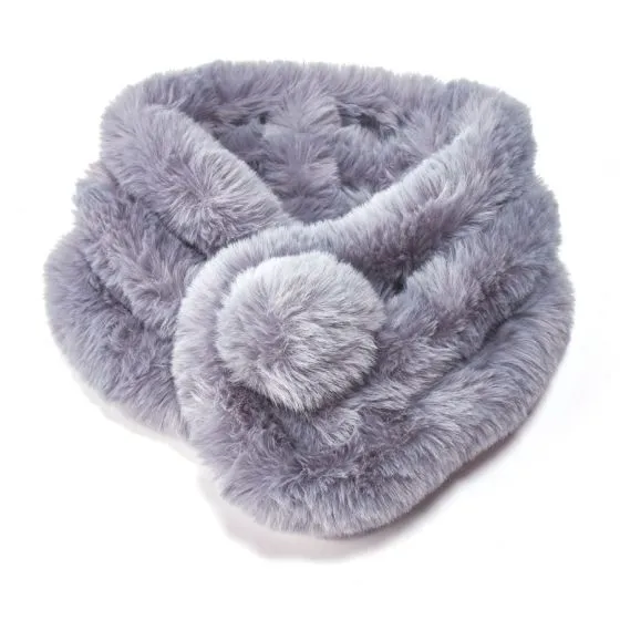 Faux Fur Pompom Scarf Grey