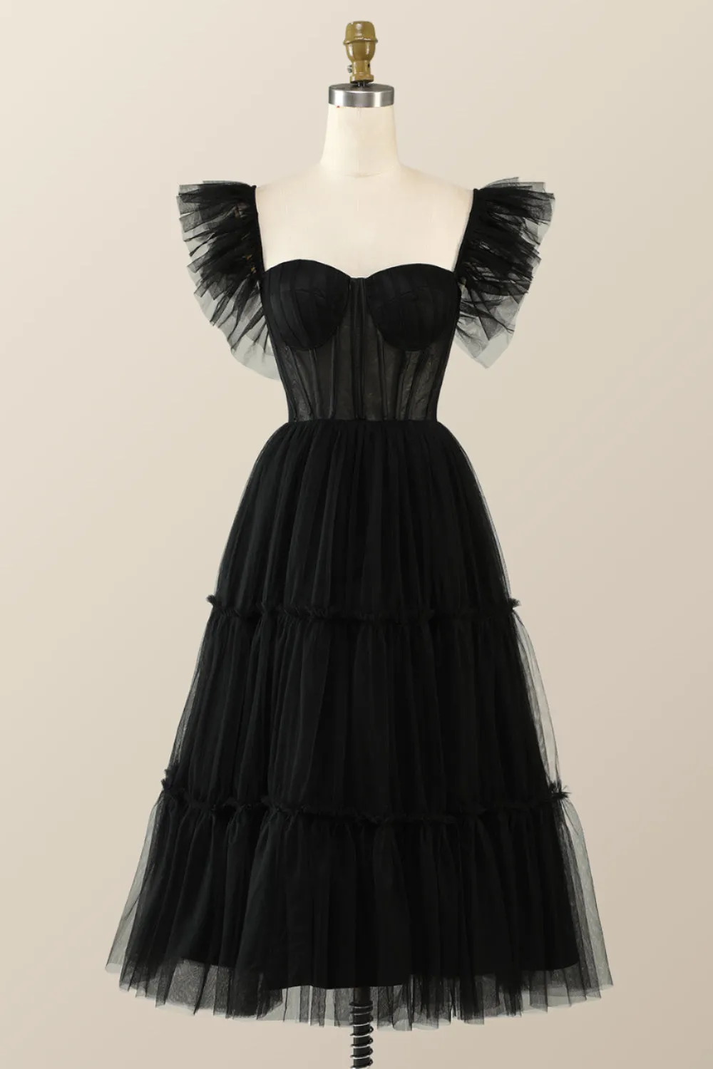 Flare Sleeves Black Corset Midi Dress