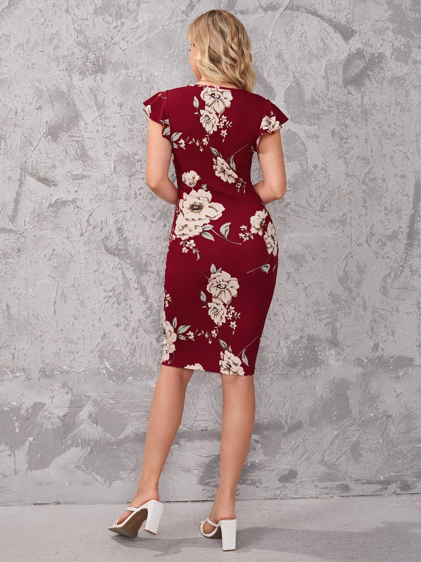 Floral Print Butterfly Sleeve Bodycon Dress