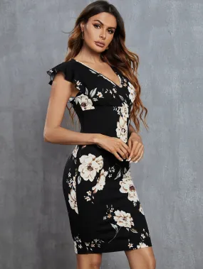 Floral Print Butterfly Sleeve Bodycon Dress