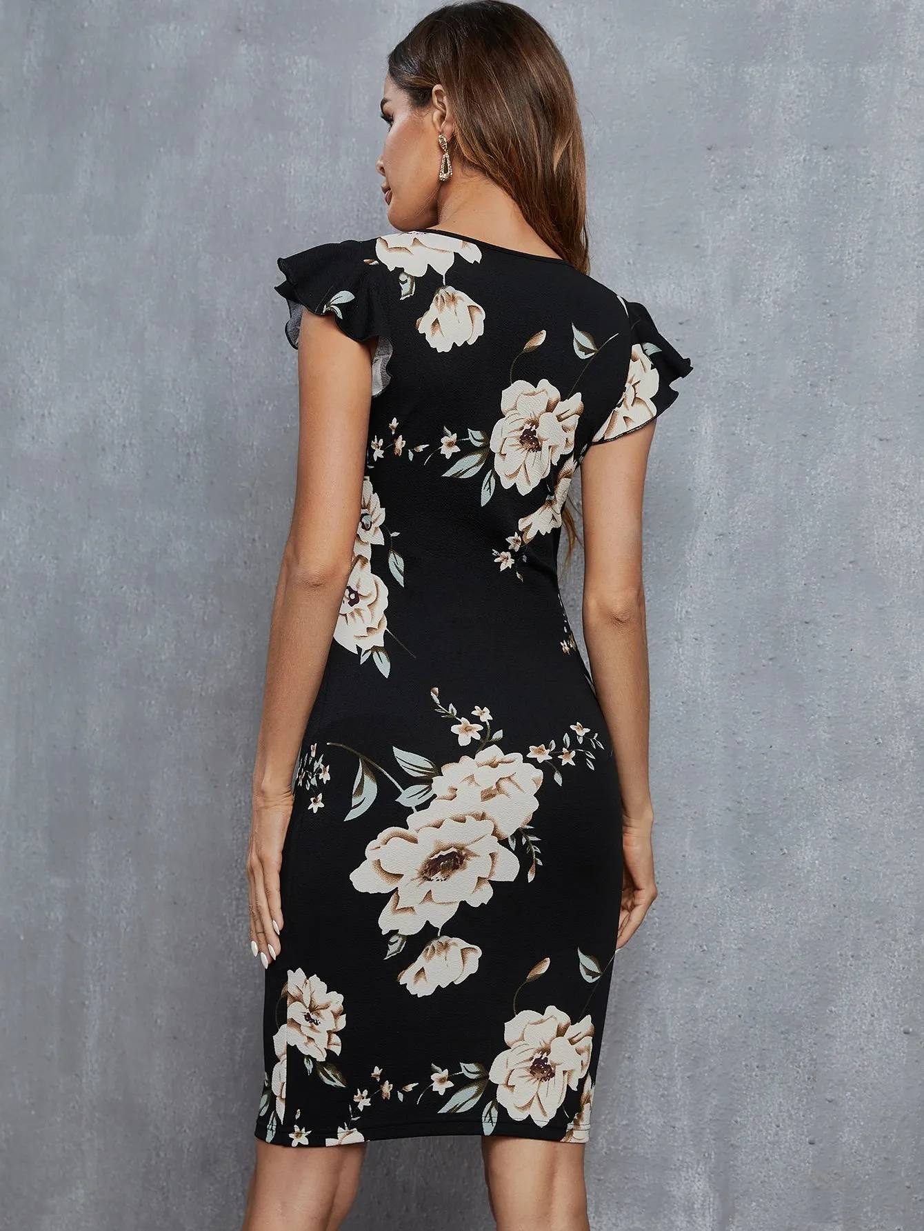 Floral Print Butterfly Sleeve Bodycon Dress