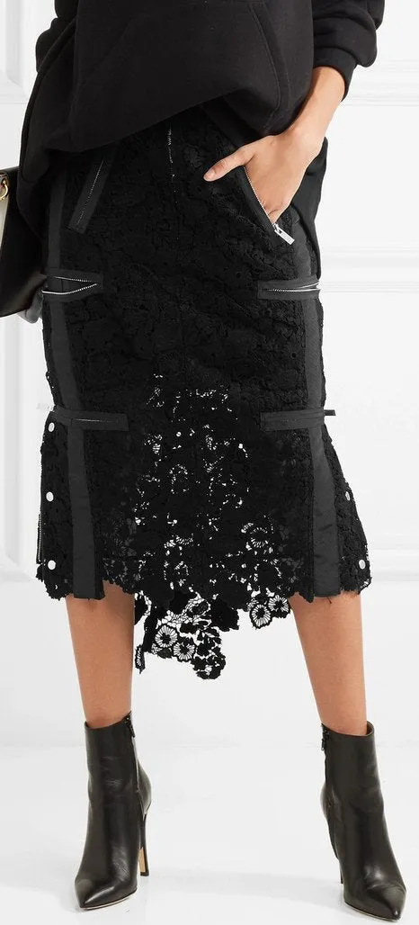 Flower Chemical Grosgrain-Trimmed Lace Midi Skirt