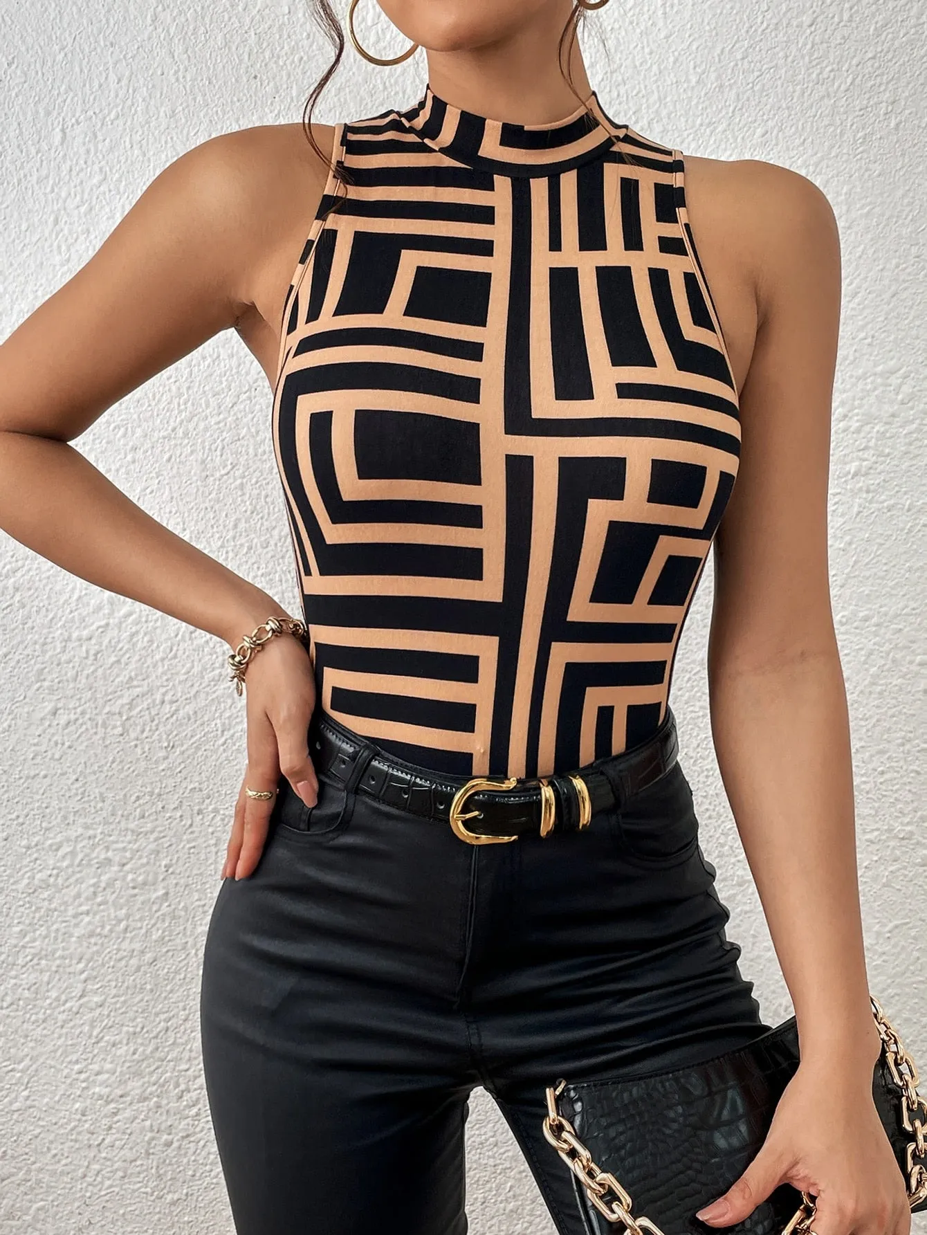 Geo Print Mock Neck Tank Bodysuit