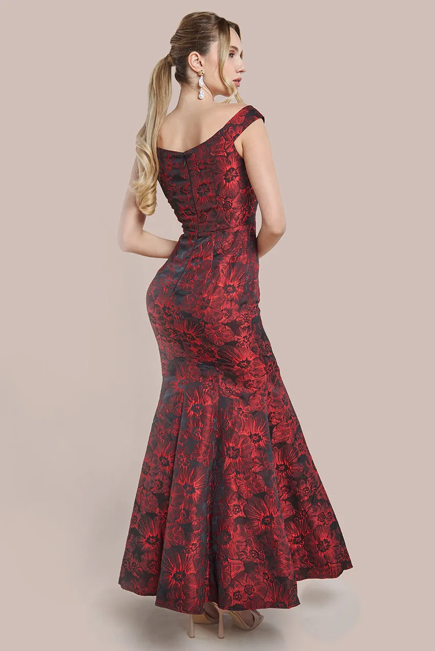 Goddiva Bardot Jacquard Maxi Dress - Wine