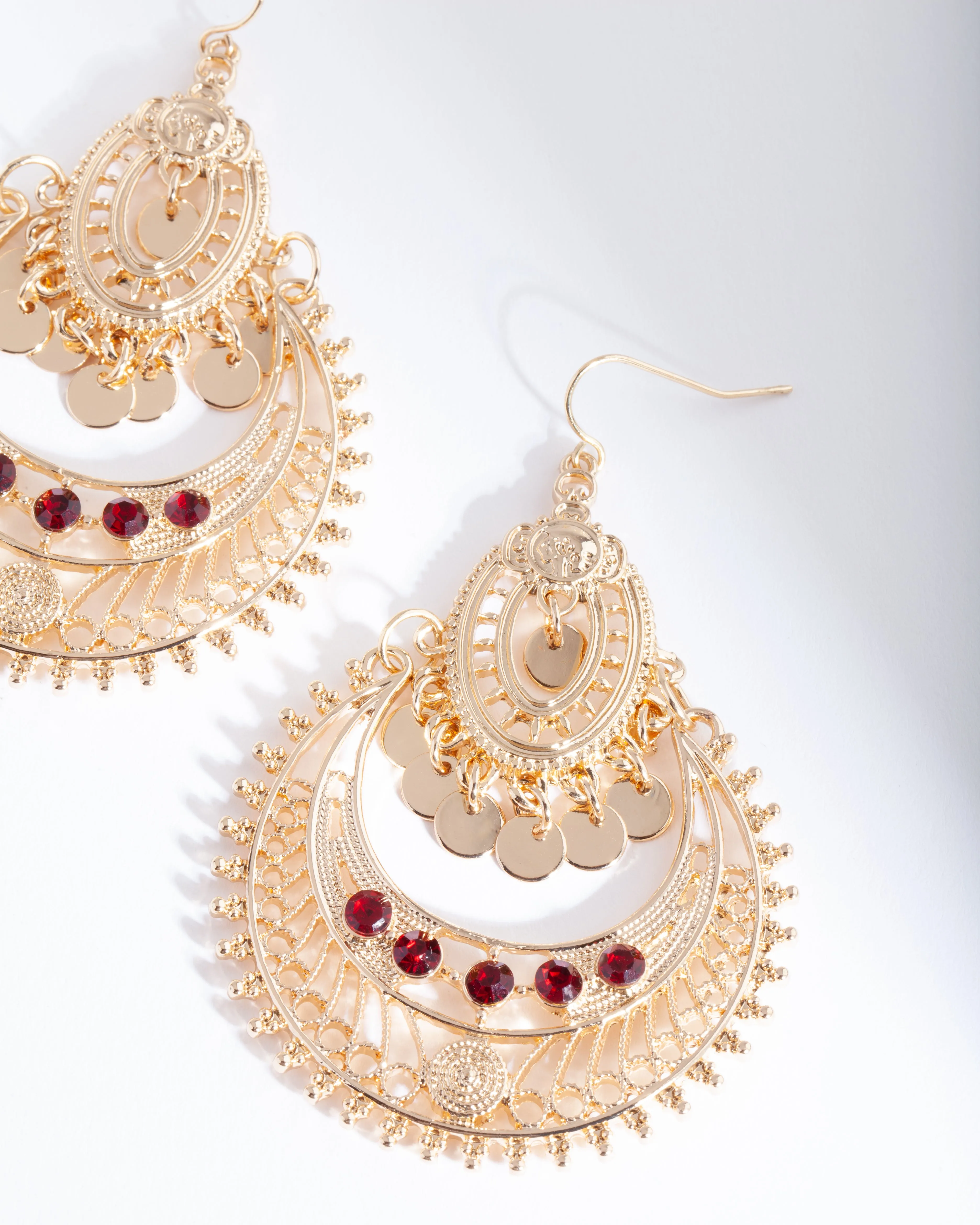 Gold Red Diamante Disc Earrings