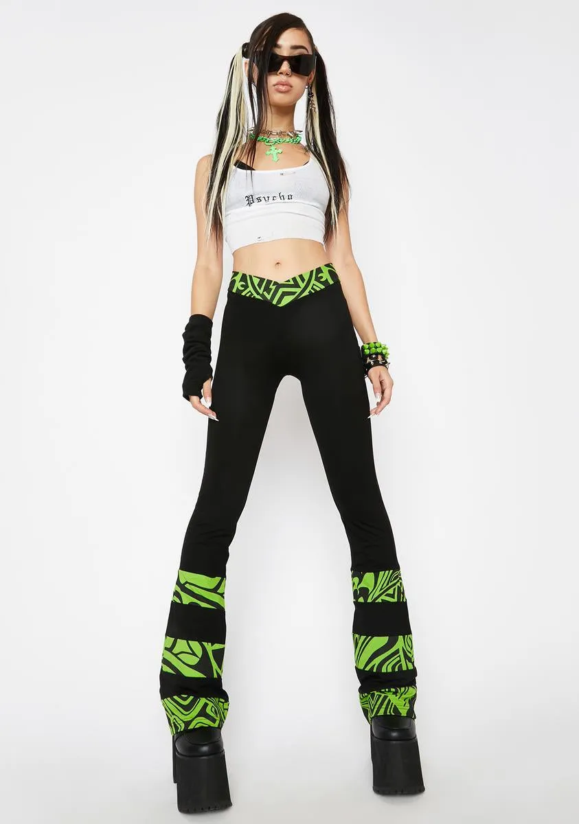 Green Celtic Print Panelled Stretch Pants