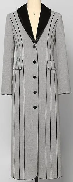 Grey with Black Striped Wool-Blend Single-Breasted Coat