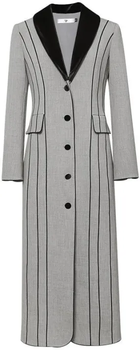 Grey with Black Striped Wool-Blend Single-Breasted Coat