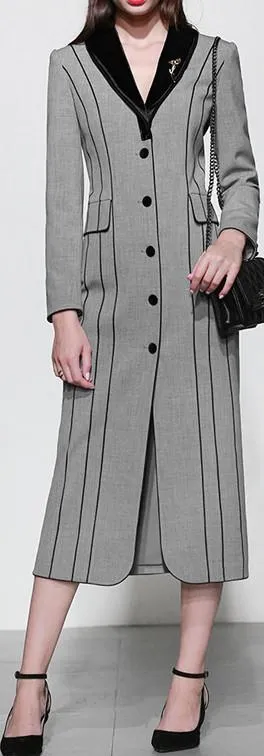 Grey with Black Striped Wool-Blend Single-Breasted Coat