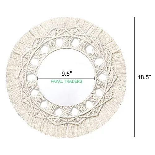 Happy payal Traders Handmade Macrame Cotton Wall Hanging Boho Fringe Round Decorative Wall Mount Mirror with Glass Frame (Ivory White)