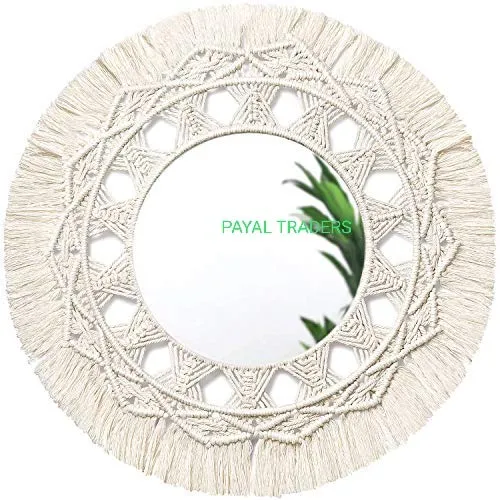 Happy payal Traders Handmade Macrame Cotton Wall Hanging Boho Fringe Round Decorative Wall Mount Mirror with Glass Frame (Ivory White)