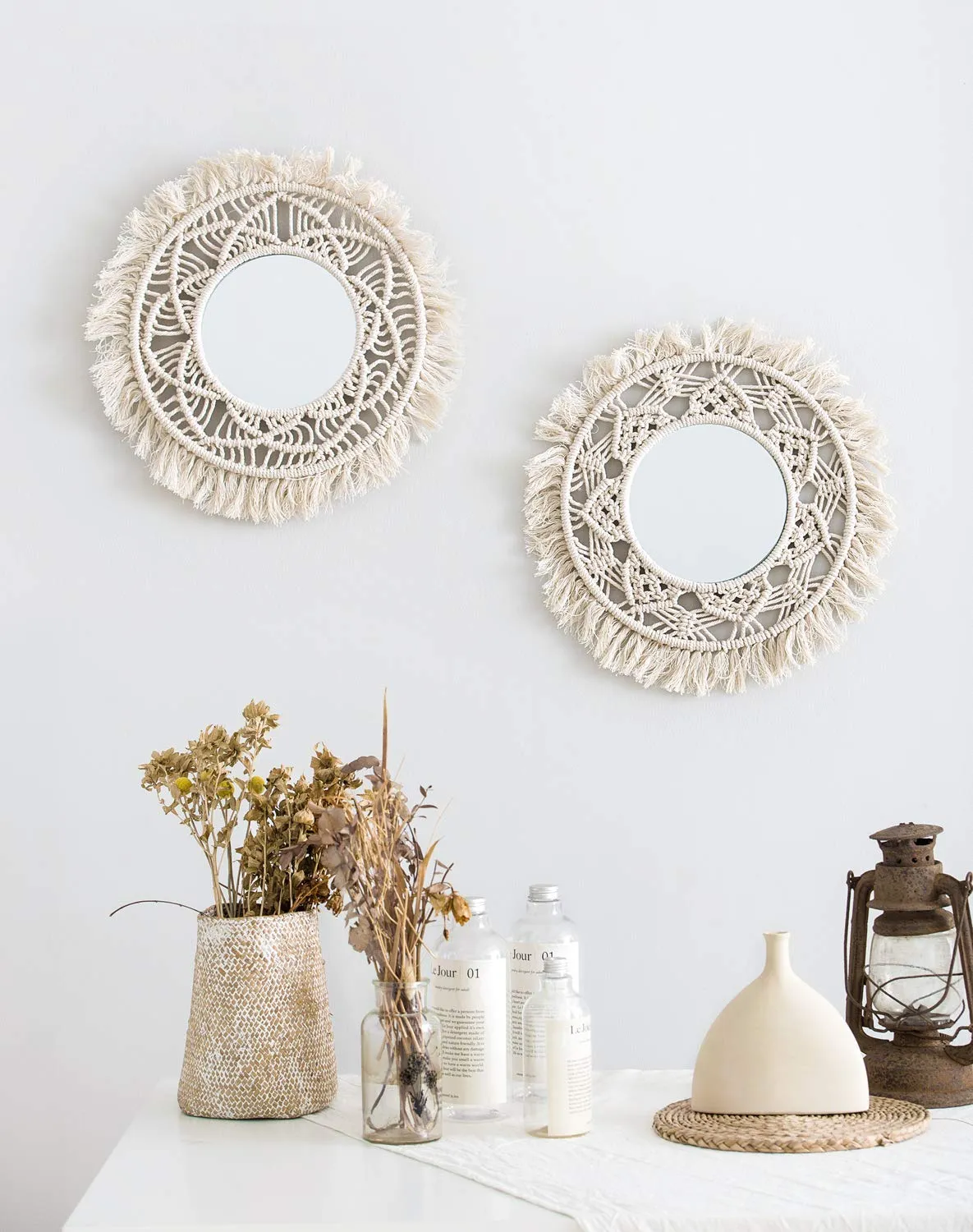 Happycraft Cotton Wall Mirror With Macrame (White)