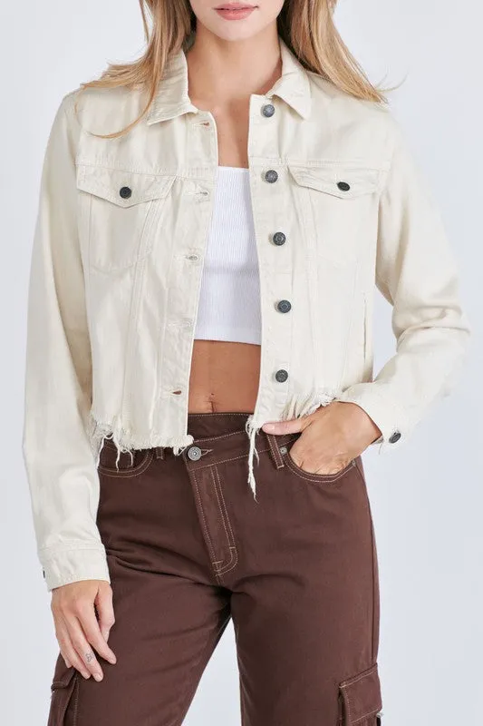 Hidden Jeans Cream Colored Cropped Frayed Fitted Jacket