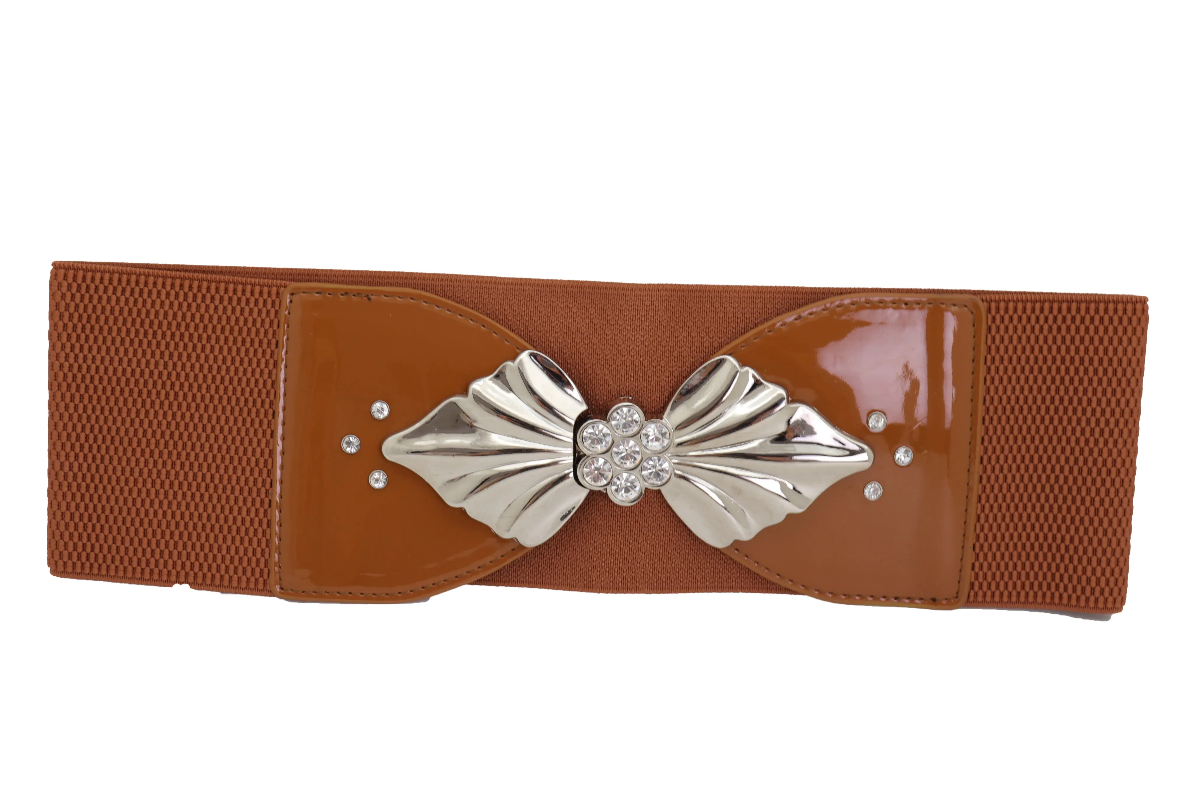 High Waist Hip Wide Elastic Brown Belt Silver Metal Leaf Buckle Size S M