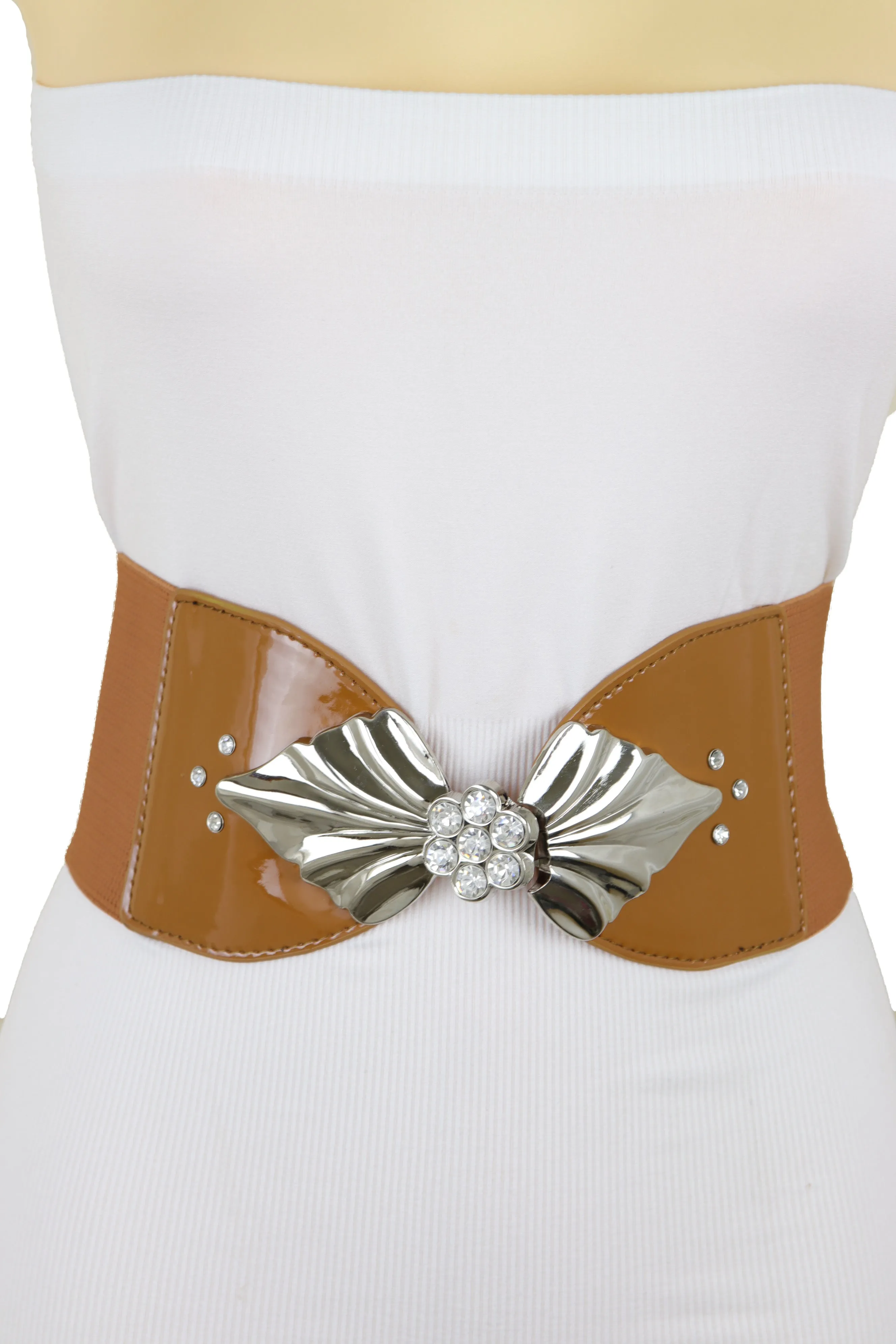 High Waist Hip Wide Elastic Brown Belt Silver Metal Leaf Buckle Size S M