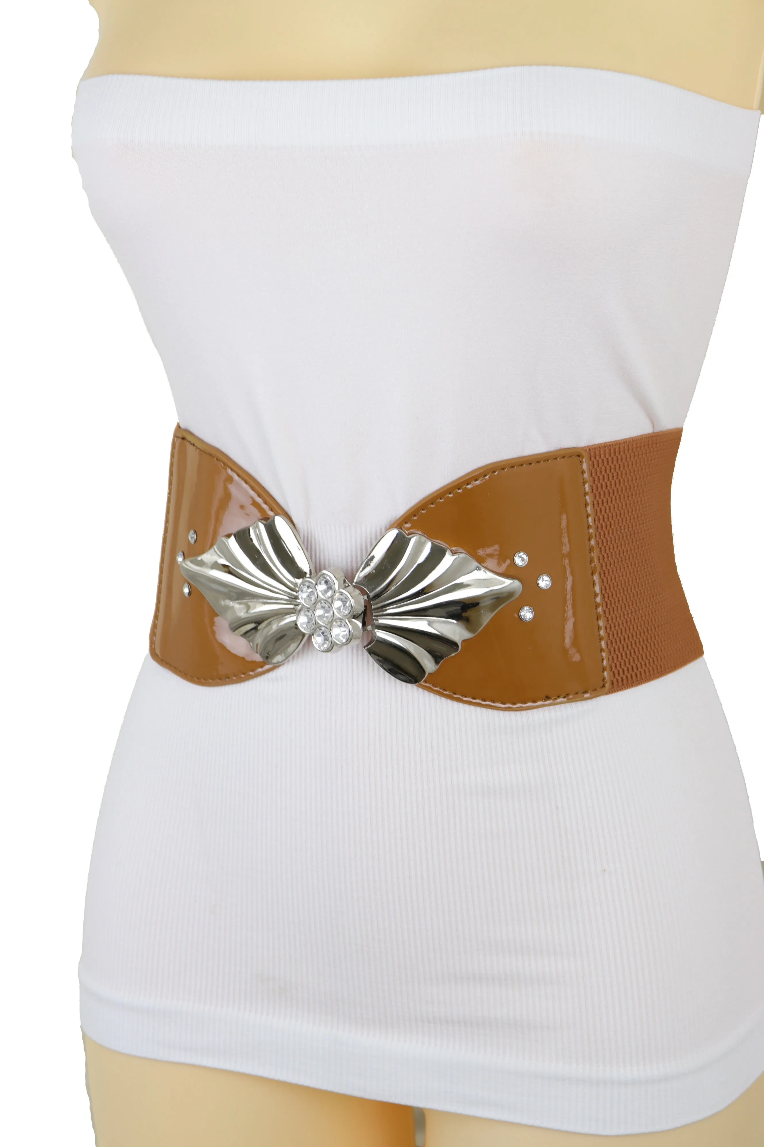 High Waist Hip Wide Elastic Brown Belt Silver Metal Leaf Buckle Size S M